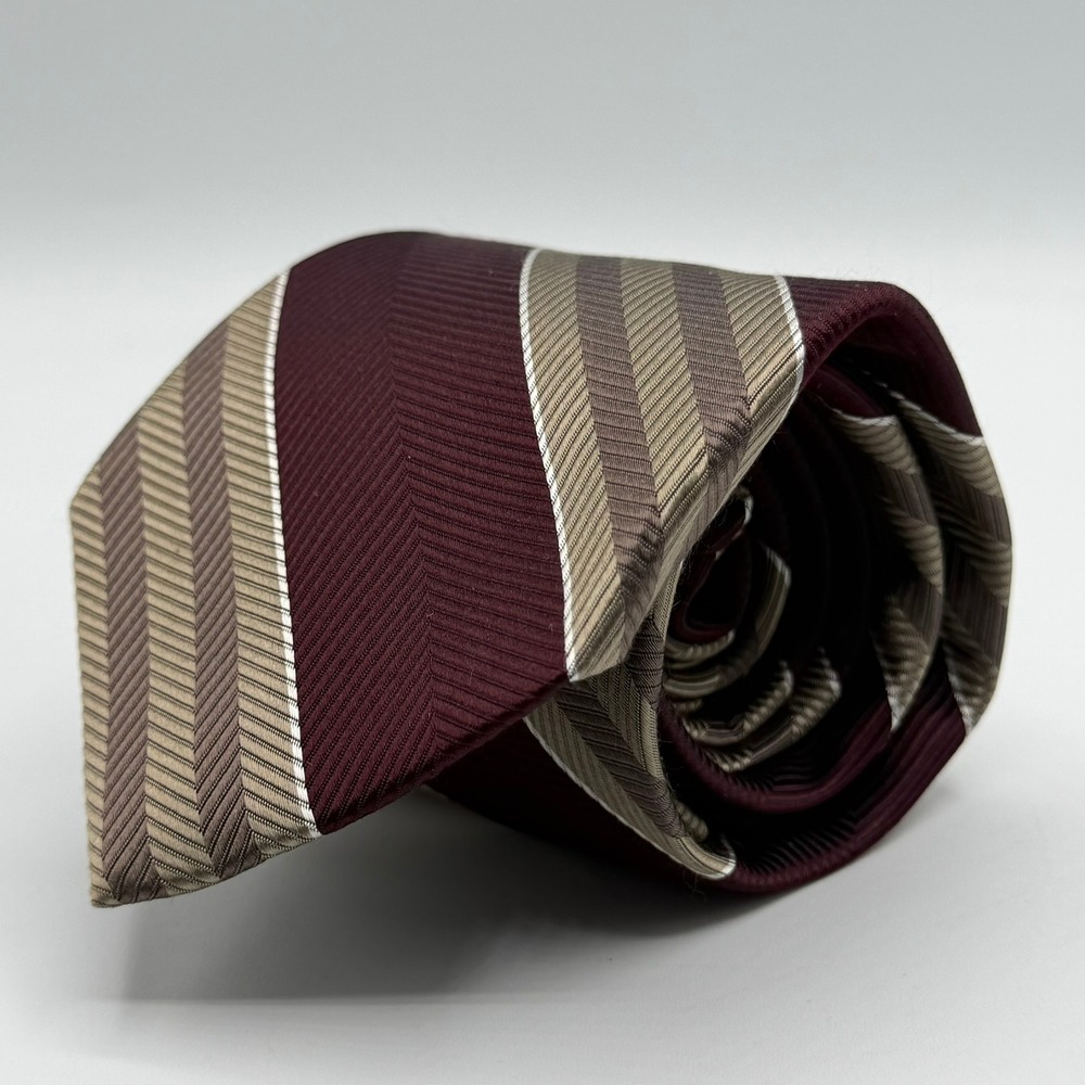 Jos. A. Bank Signature Silk Tie Burgundy Tan Silver Herringbone Stripe
